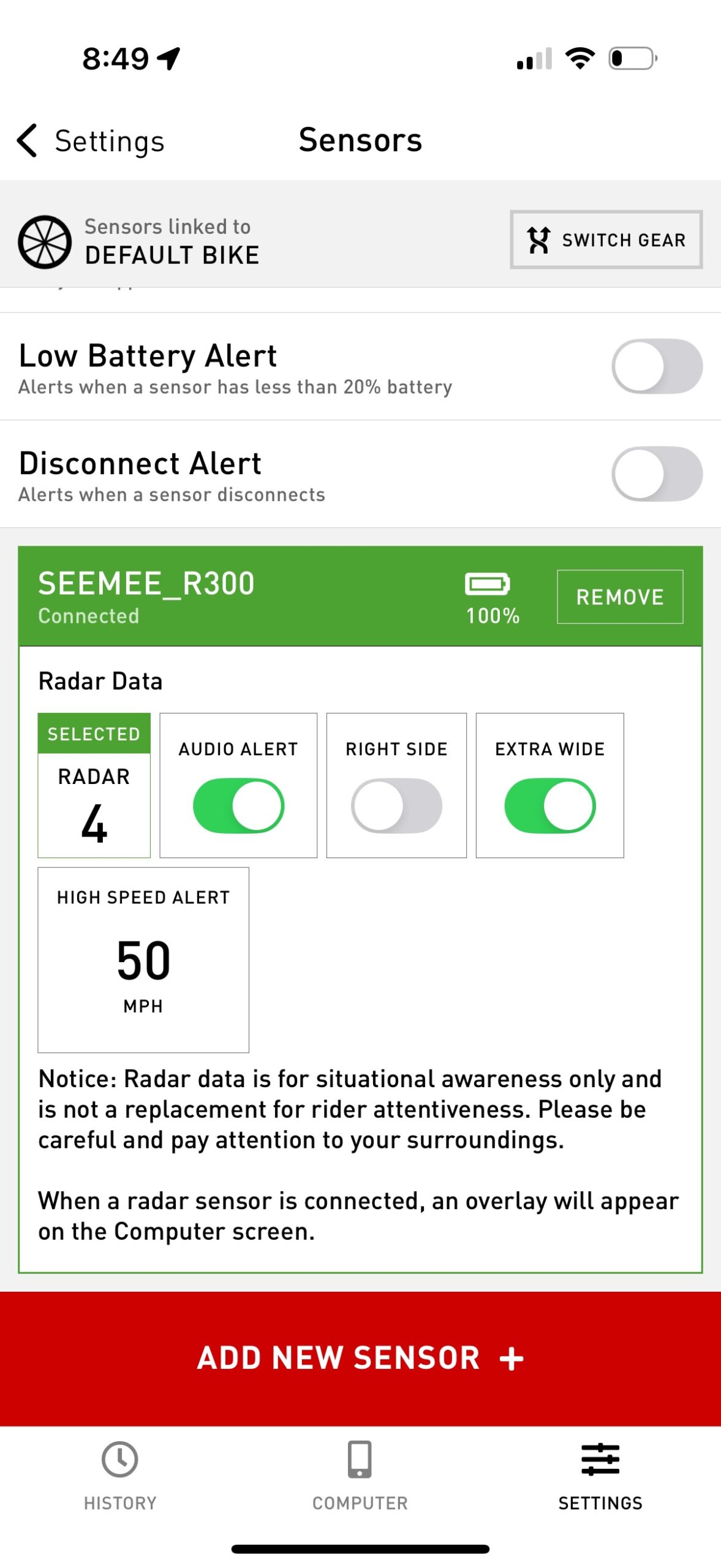 Radar settings in the Cadence app