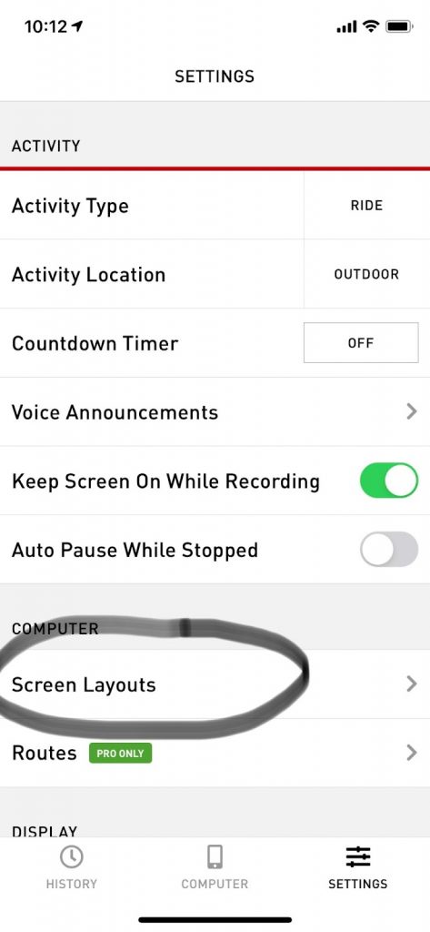 Screenshot of Settings screen with Screen Layouts highlighted