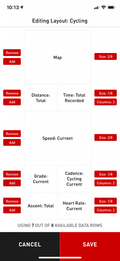 Screenshot of Editing Layout: Cycling screen