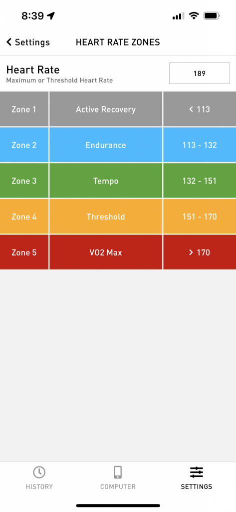 Cadence screenshot showing heart rate zone setup