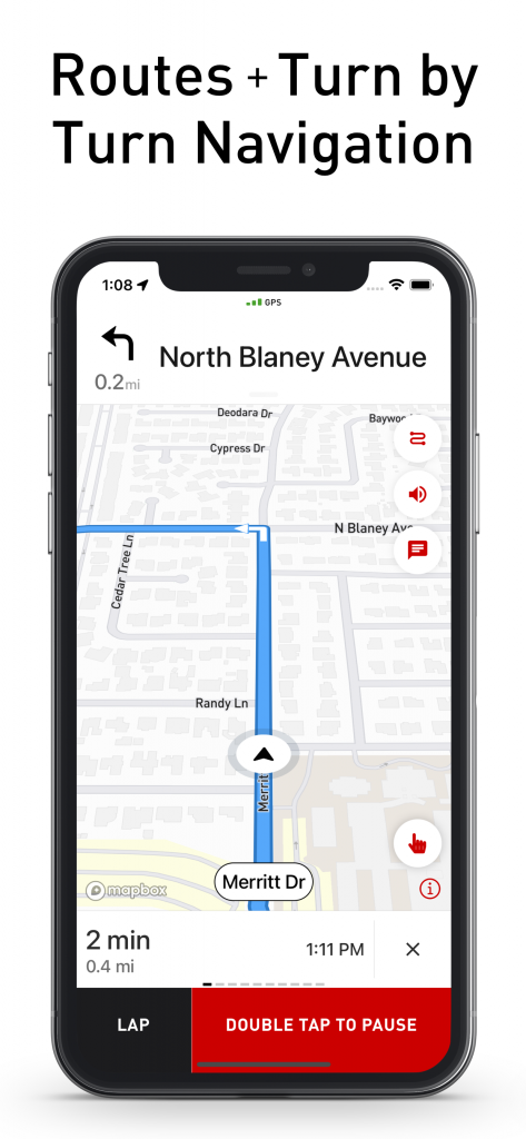 Cadence screenshot showing routes and turn by turn voice navigation
