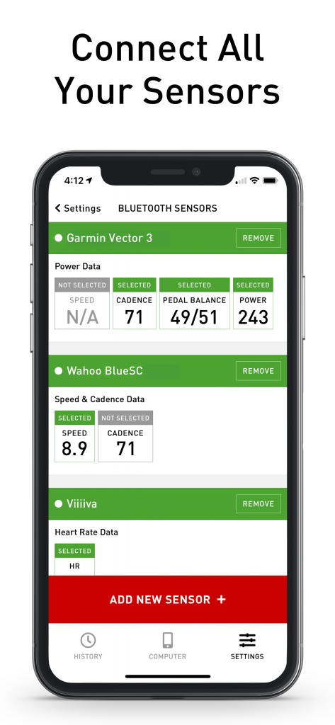 Cadence screenshot showing bluetooth sensors