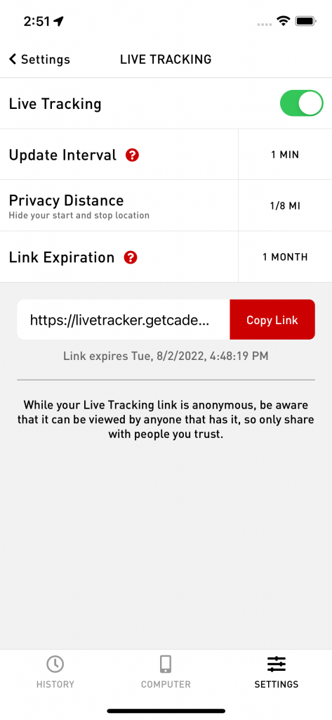 Live Tracking settings screen