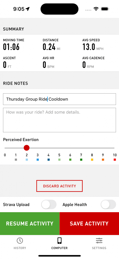 Cadence save screen with name, notes, and exertion