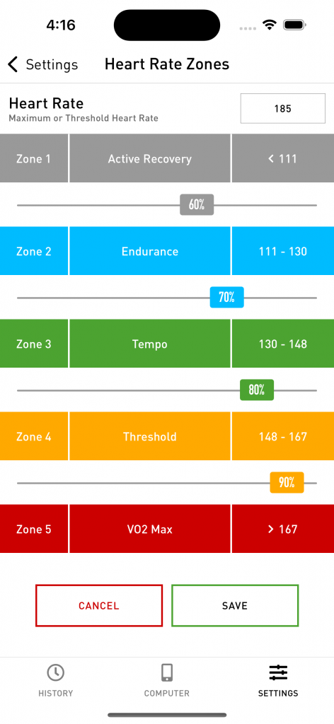Screenshot of Cadence showing heart rate zone customization