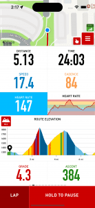 Screenshot of Cadence showing a Route Elevation Chart showing gradients and labels