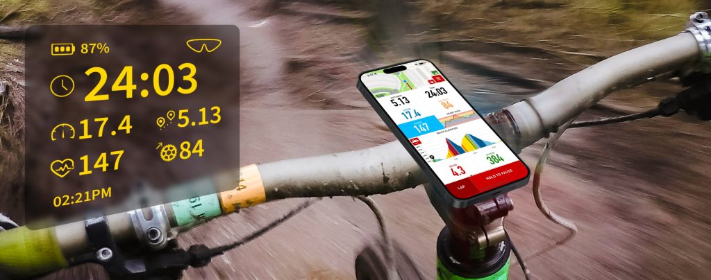 Cadence app mounted on mountain bike handlebars showing ActiveLook cycling metrics.