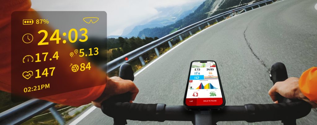 Cadence app mounted on road bike handlebars showing ActiveLook cycling metrics.