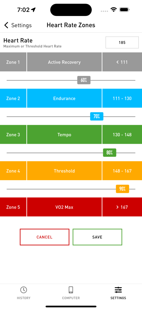 Cadence screenshot showing custom heart rate zone setup